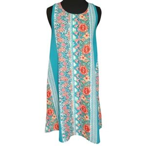EVERLY‎ Teal Floral Geometric Border Print Sleeveless Shift Dress Small DR6400